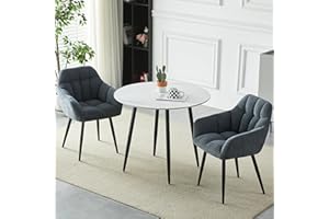 HomJoy Round Dining Table and Armchair Chair Set of 2, Lounge Chair with Armrests Backrest Fabric Leisure Dining Chairs for Living Room, Dining room, Conference Room (2*Grey+90cm table)