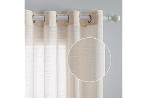 MYSKY HOME Gardine Vorhänge mit Ösen Gardinen Weiss Streifen Vorhang Wohnzimmer Schlafzimmer 2er Set Halbtransparent Voile Curtains for kinderzimmer, H 260 x B 140 cm, Beige.