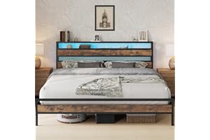 IRONCK 6ft Super King Bed Frame with Storage Headboard and Charging Station/LED Lights, Metal Platform Bed Frame Super King, Reinforced Strong Support Leg, UnderBed Storage, Vintage Brown