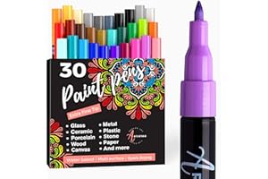 Artistro Pennarelli Acrilici a Punta Fine Extra (0,7 mm), 30 Pennarelli per Tessuti, Legno, Vetro, Ceramica, Sassi, Porcellana, Metallo. 28 Colori Assortiti + 1 Nero e 1 Bianco