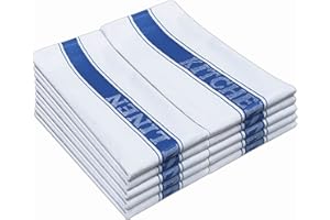 QUICK CLEANING SUPPLIES QCS Chef Classic Kitchen Tea Towel, 100% Pure Cotton Dish Drying Towels, Extra Large Dish Cloths 50 cm x 76 cm (20" x 30") White with Blue, Catering Kitchen Linen Stripe (6-Pack, Blue)