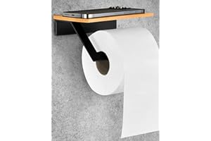 ‎VMBATHROOMS VMbathrooms Toilettenpapierhalter ohne Bohren mit Ablage | Klopapierhalter Schwarz mit Holzplatte | Klorollenhalter zum Kleben in edlem Design inkl. kostenlosem E-Book