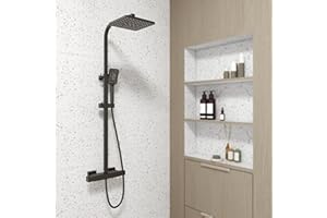 Huibathroom Thermostatic Shower Mixer Set Matte Black, Square 38 °C Thermostat Shower System with 9"Rainfall Shower Head, 3-Function Handheld Shower, Anti Scald Shower Mixer Bar Kit