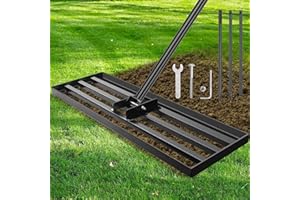 Qdreclod Rastrillo Nivelador de Césped 115x25cm, Rastrillo de Nivelación de Césped Resistente con Mango Ajustable Antideslizante de 213cm, Rastrillo para Césped Jardín, Campo de Golf, Negro