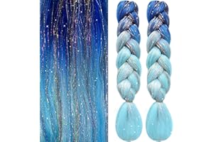 CWAWF 2Pcs Upgraded Ombre Braiding Hair with Hair Extension Tinsel Mashup, Colorful Synthetic Braiding 3 Tone for Women Girls Hair Accessories 24 Inch 100g (Gradient Blue)
