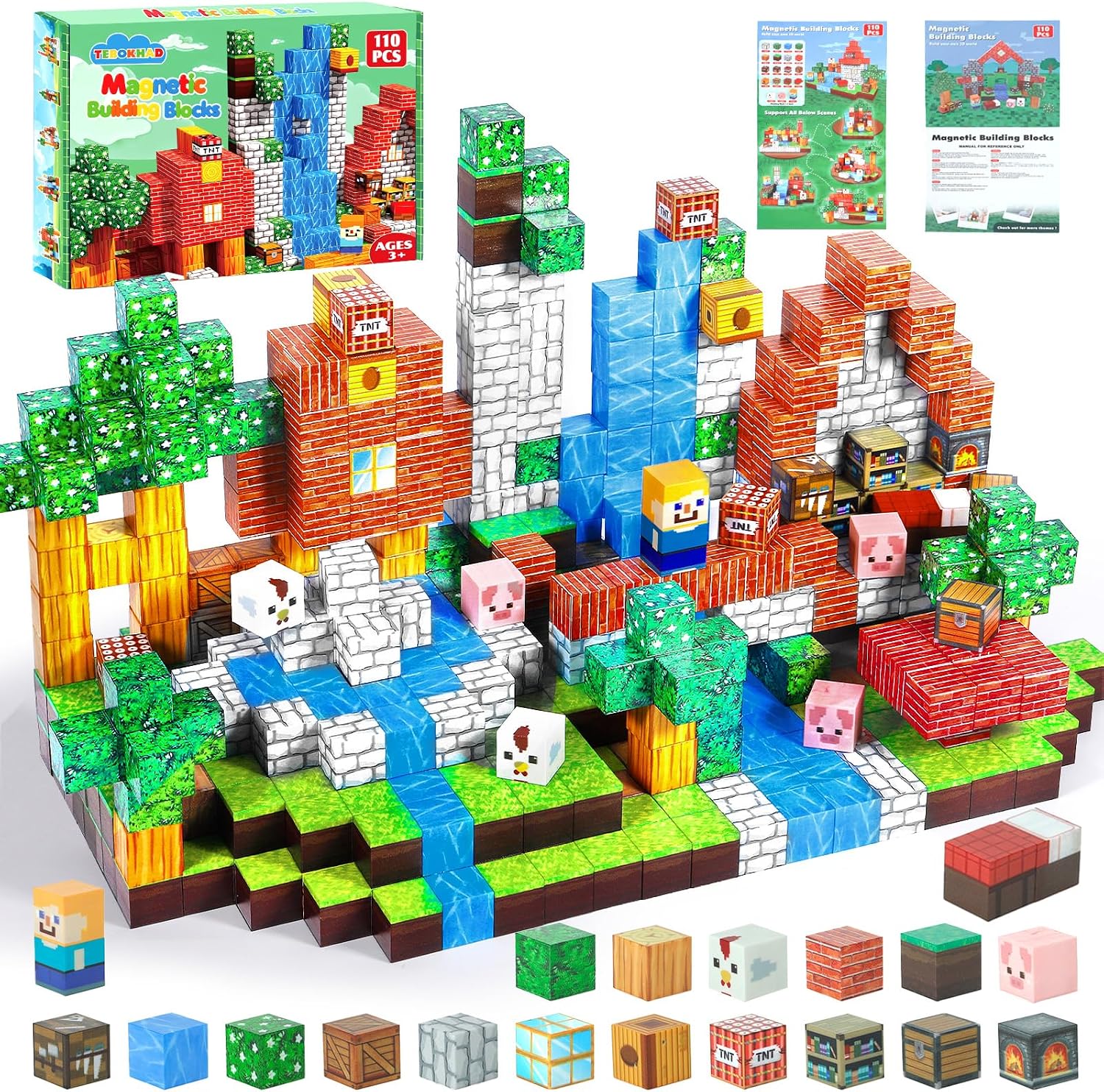 TEBOKHAD Bloques de construcción magnéticos, 110 piezas, bloques magnéticos, juguetes magnéticos, juguetes para niños, bloques magnéticos para niños a partir de 3 4 5 6 7 8 9 años