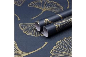 Yomshi Peel and Stick Wallpaper 44CM x 3M Golden Ginkgo Leaf Dark Blue Wallpaper Waterproof Gold Leaf Contact Paper Self Adhesive Wallpaper Removable Vinyl Film for Wall Furniture Decor