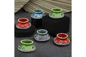 4OUR FAITH 6 Pc Matki Wax Filled Diya Set: Colorful Handpainted Terracotta Diyas for Diwali Pooja & Decoration | Natural MITTI Dia | Unique Indian Gift for Deepawali Celebrations