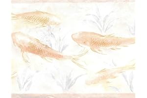 Dundee Deco BD6105 Tapeten Bordüre – nautische Perle, beige, rosa, hellgrüne Fische im Teich, Wandbordüre, Tapetenbordüre Retro-Design, 4,57 m x 22,86 cm