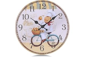 Lafocuse 30cm Reloj de Pared Cocina Madera Vintage, Silencioso Reloj Cocina Pared Chef, Amarillo Retro Decorativo sin Tictac para Restaurante Comedor Sala