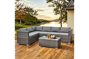 Aweather 6 Seater Rattan Corner Sofa Set Rattan Garden Furniture Set All-Weather PE Rattan Wicker Patio Conversation Set with Modern Glass Coffee Table and Washable Cushions (Gray)