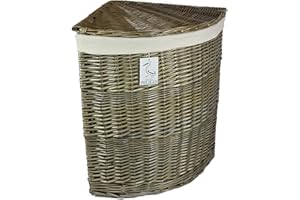POP-IT-IN-A-PELICAN Range of wicker laundry baskets. Antiqued Grey Wash Colour. 100% Cotton liners. Bedroom and bathroom bins. Family and single size. Washing linen and clothing hampers. (Corner 75 ltr)