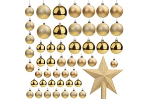 Belle Vous Bolas de Navidad Doradas (Pack de 50) Tamaños Variados Bolas Navideñas con Brillo y Estrella de Navidad para la Punta - Adornos de Navidad Decor Fiestas Interior y Exterior