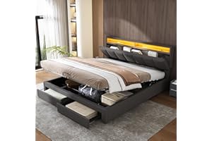 JOVIFY Upholstered Bed Frame with Hydraulic Lift & Drawers & Adjustable Concealed Storage Headboard, 6ft Super King Size Bed Frame with LED Lighting, Linen Functional Ottoman Storage Beds with Slats, Grey