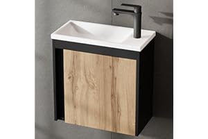 Planetmöbel Juego de muebles de baño de 2 piezas, Lavabo con armario inferior, 50 x 48,3 x 24,8 cm, Negro Mate/roble Wotan, Armario bajo lavabo con lavabo blanco