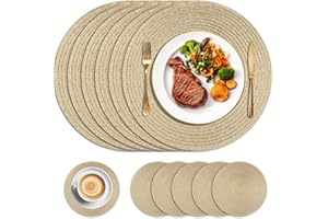 HEYOMART Round Placemats and Coasters Set of 6, Christmas Table Mats Glitter Bling Heat Resistant, 34cm Gold Braided Woven Place Mats Washable for Kitchen Dining Table, Party, Wedding