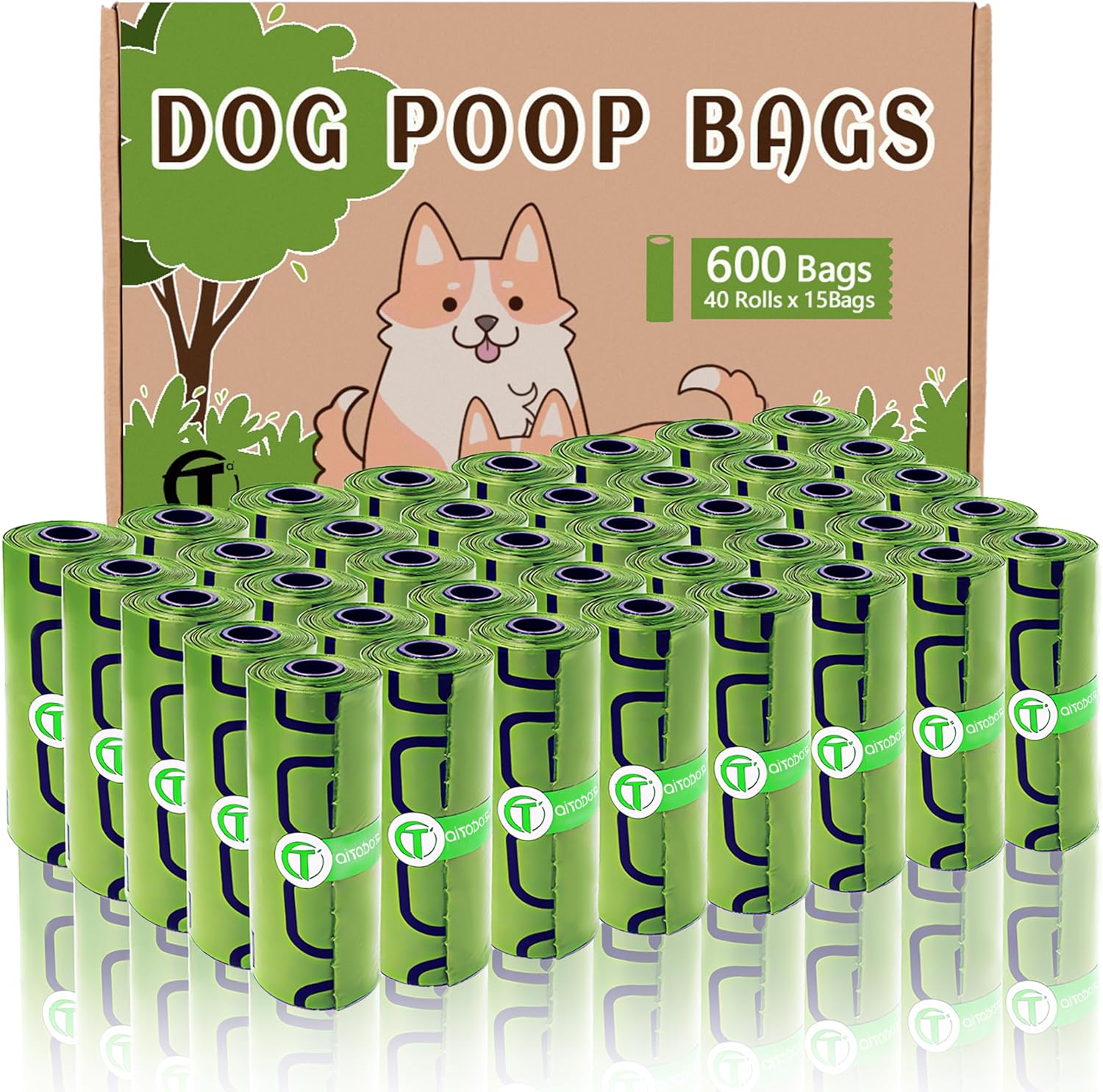 AiTodos® 600 Sacs à Crottes de Chien, 31x22cm, Vert, PE, 40 Rouleaux | Anti-Fuites, Très Épais, Résistant, Sans parfum, Joli Motif Chien, , Déchirure Facile, Distributeur Standard