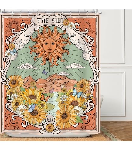 Miyotaa Duschvorhang-Set – Pastellfarben Mit Sonne & Regenbogen, 152x180 Cm, Wasserdicht, Inkl. 12 Haken