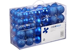 ‎RELAXDAYS Relaxdays Bombki choinkowe, zestaw 100 sztuk, świąteczne ozdoby, matowe, błyszczące, brokatowe, bombki choinkowe ∅ 3, 4 i 6 cm, niebieskie, PS, 7 x 6 x 6 cm