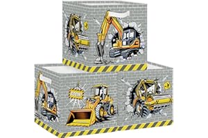 HUUMONSS Boîtes de Rangement Lot de 3 Véhicules de Construction Paniers de Rangement Cube Voitures Enfant Pliables Coffre à Jouets Garçons Filles pour Étagères Livres, Rouleau Compresseur 3D