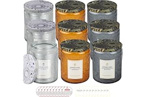 CREAHAUS Lot de 9 pots à bougies en relief de 250 ml pour la fabrication de bougies, récipients vides en verre avec couvercles en étain et étiquette autocollante, étiquette d'avertissement pour la fabrication