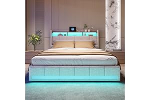 WSOFZMO Dubbelsäng 180x200 med ribbotten, Boxspringsäng 180x200, Dubbelsäng med sänglåda, sängar med 4 lådor, LED och 2 USB