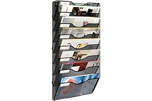 Solinxe 8-Pocket Desk Tidy Organiser, A4 Wall Mounted Document Paper Holder, Vertical Metal Magazine Rack, Wall Hanging Storage Organiser in Tray for Office Accessories Stationery Supplies, Black