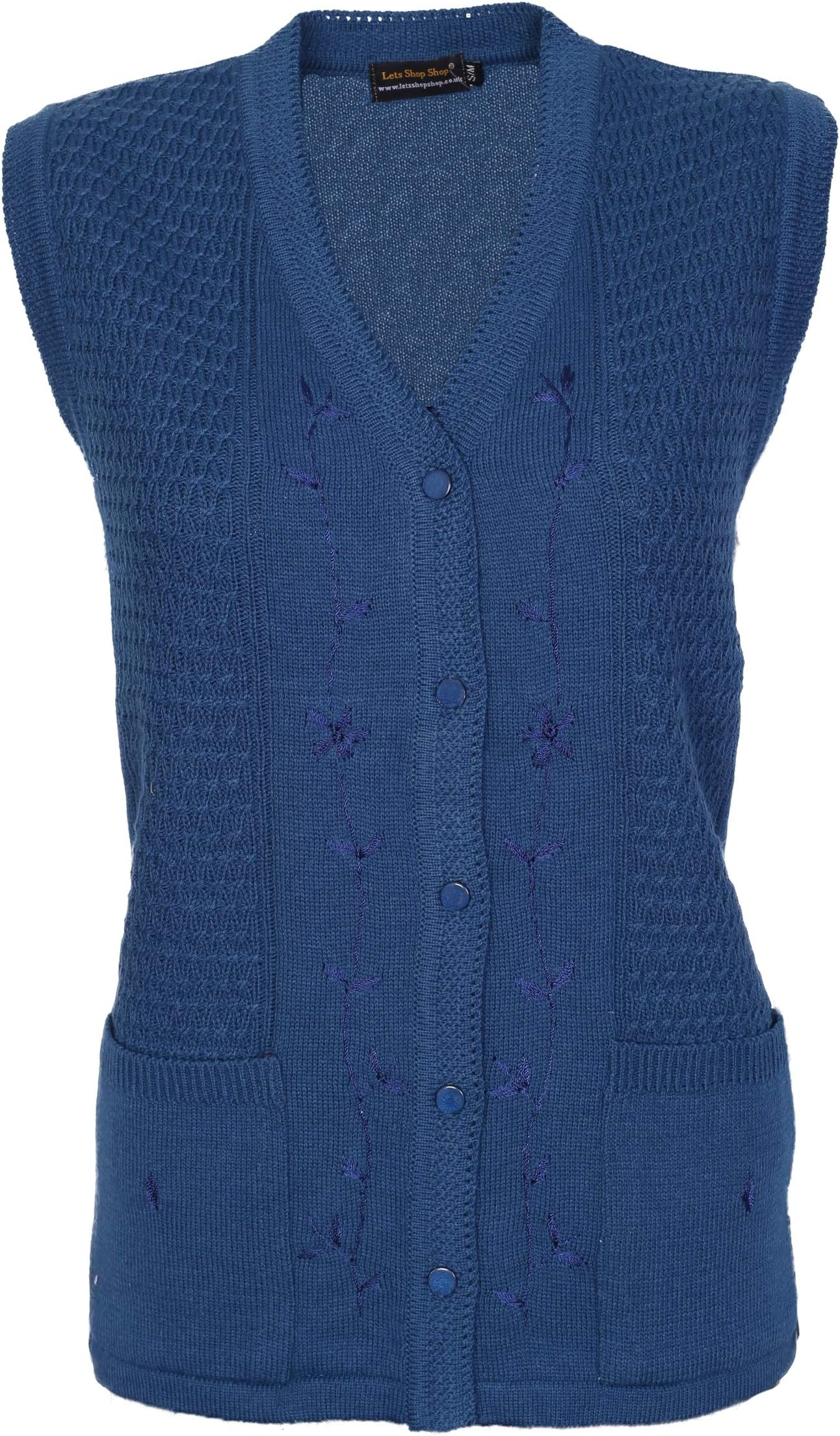 Lets Shop ShopWomens Sleeveless Knitted Cardigans Ladies Cable Knit Waistcoat V Neck Button Front Pockets Embroidery Top Size 12 14 16 18