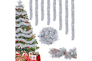 BINGQILING Lametta Weihnachtsbaum Silber- 8PCS Weihnachtsdeko Lametta Girlande Weihnachtsgirlande mit Schneeflocke 16M Glitzer Christmas Girlande Deko Weihnachten Outdoor Weihnachtsbaum Tür Treppen Girland Deko