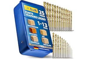 S&R Set 25 Punte Trapano Legno da 1 a 13 mm. Punte in Acciaio HSS 4241, Rivestimento Tin, per Fori Tondi Precisi. Accatto Cilindrico. Per Legno Massiccio, Lamellare, Truciolare con Scatola di Metallo.