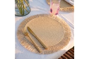 FAVE Set Om 6 Gula Runda Placeringsmattor, Genombruten Tasseldesign (38 Cm)