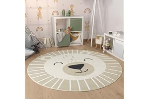 Paco Home Alfombra De Habitacion Bebe Infantil Niña Niño De Juego Retonda Cabeza De Oso De León Lavar En La Lavadora Moderna, tamaño:Ø 100 cm Redon, Color:Beige