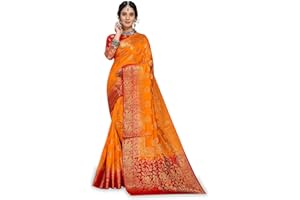 C J Enterprise Damen Sarees aus reiner Kanchipuram-Seide mit Bluse (Marry Gold)