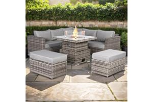 Rattan park Cambridge Range Rattan Garden Furniture Square Corner Sofa Set with Fire Pit Rising Table in Stone Browne Grey weave