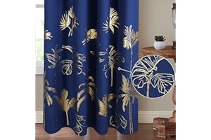 CHLOPHY Navy Blue Blackout Curtains Gold Foil Printed Palm Bedroom Leaves Royal Blue Trees Luxury Eyelet 46×90 Lined Thermal 100% Total Room Darkening Window Curtain Living Room 2 Panels Nursery Boys Girls