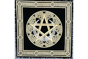 THE ART BOX Altare di stoffa Tarocchi Tovaglioli Accessori per stregoneria Tovaglia in oro nero Quadrato Panno celeste spirituale con frange, Pentagramma, 45 x 45 cm