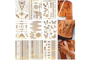 NebulaGlam Metallici Tatuaggi Temporanei Tattoo Impermeabile Adesivi, 9 Fogli Tatuaggi Oro Temporanei Tatuaggi Flash d'oro, Festa Festival Tatuaggi, Tattoo Adesivi per Donne Uomo e Bambini (A)