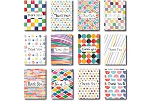 GREETINGLES Pack of 24 Thank You Cards. 12 Beautiful Coloured Designs. Full Colour Inside Print. UK Made. (Geometric Mix Set of 24)