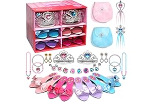 Maquillage Enfant Jouet Filles,Chaussure Talon Enfant Fille,Bijoux Princesse 4 Paires de Chaussures Princesse,Bracelet,Collier,Boucle d'oreille,Bague,Couronne,Sceptre,Sac,Princesse Jouets pour 4-5Ans
