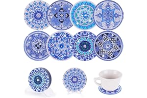 VOESLD Posavasos de Diamond Painting con Soporte Transparente, Juego de 8 Posavasos para Bebidas de Pintura Diamantes DIY para Tazas jarrones Velas, Regalos DIY Patrón Cian