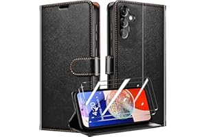 QHOHQ Tenphone Flip Coque pour Samsung Galaxy A14 4G / 5G + 2 Pièces Verre Trempé, Etui Protection Housse Premium en Cuir PU, Antivol, Fermeture Magnétique - Noir