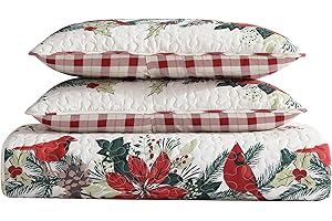 Beatrice Home Fashions Full/Queen Holiday Quilt Bedding Set Cardinal Garland, Poinsettia, White, Red, Green