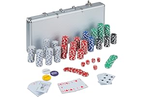 Relaxdays Valigetta Poker, 500 Chips Laser, 2 Mazzi di Carte, 5 Dadi, Dealer, Richiudibile & Portatile,Alluminio,Argento