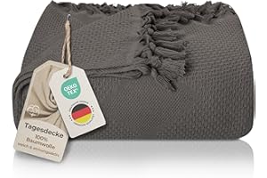 LAYNENBURG Narzuta klasy premium, z ręcznie tkanymi frędzlami, 100% bawełna, letnia narzuta o strukturze waflowej, bawełniana narzuta na łóżko, kanapę i sofę, rozmiar XXL, 220 x 240 cm, antracytowa