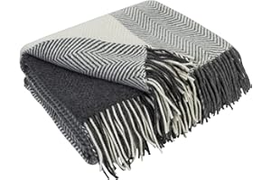 LYHome Coperta in Lana Merinos - Copriletto Plaid per Letto Divano, Singolo Una Piazza e Mezza Matrimoniale, Coperte Per Invernale Estiva Morbida Calda e Grande 140x200 cm, Grigio - Bianco Quadri