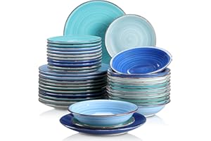 Vancasso BONITA 36-częściowy serwis stołowy z kamionki, zestaw naczyń obiadowych dla 12 osób, po 12 talerzy obiadowych, głębokich i deserowych, niebieska seria