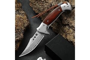 Omesio Couteau de poche Damas couteau pliant Damas, couteau de poche japonais Damas manche en bois Damas pour le camping et la chasse