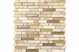 GRAND TAPS 30cm x 30cm Beige & Olive Glass and Stone Brick Shape Mosaic Tiles Sheet (MT0133)