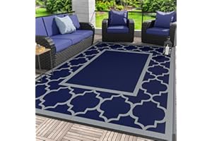 GENIMO 6' x 9' Outdoor Rug Waterproof for Patio Decor, Foldable Reversible Plastic Straw Area Rugs Mat for Camper, Outside Carpet for Rv, Deck, Porch, Picnic, Beach, Balcony, Blue & Grey