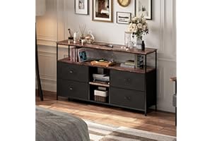 JiaOyu Mobile TV con illuminazione a LED e 4 cassetti in tessuto, per TV fino a 55 pollici, tavolo TV multifunzione con scomparti aperti per soggiorno (nero/4 cassetti, 137 cm)